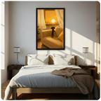 Black framed dachshund gazing at sunset through window canvas print displayed above a wooden bed with white linen in a bright sunlit bedroom