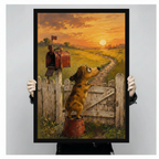 Hand-held framed canvas art print showing a dachshund standing on a red bucket gazing at a bird perched on a vintage red mailbox against a glowing sunset