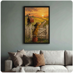 Framed oil-style art print of a curious dachshund looking up at a bird on a red mailbox at sunset, hung above a cream sofa in a sage green living room