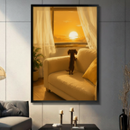 Black framed dachshund watching sunset through window oil painting wall art displayed on a dark grey panel wall above a console table with candle holders