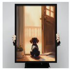 Hand-held close-up of a black framed illustration showing a loyal dachshund puppy sitting at an open wooden door with warm afternoon light flooding in