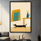 Black and tan dachshund walking in illustrated indoor scene with yellow curtain window and blue vase of tulips loose brush illustration in black frame on dark grey panel wall – cream background long dog canvas wall art for living room
