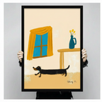 Hands holding framed black and tan dachshund walking in illustrated indoor scene with yellow curtain and blue tulip vase loose brush illustration canvas – cream background long dog wall art size reference display