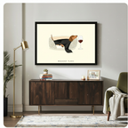 Large framed canvas of a sleeping dachshund with wine glass displayed above a dark walnut sideboard in a stylish living room with gold floor lamp