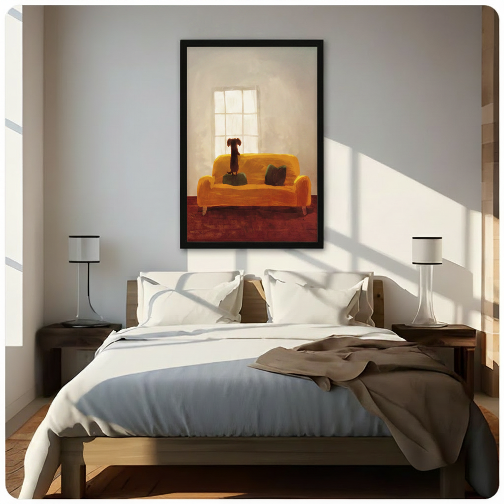 Sentimental dog wall art print featuring a dachshund on a golden sofa looking out a window, framed in black above wooden bed in sunlit bedroom