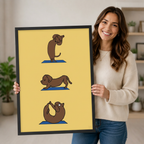 Smiling woman holding a large framed canvas print of a cartoon dachshund dog doing yoga on a yellow background, demonstrating print size and ready-to-hang wall art quality