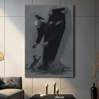 Stretched canvas print of a dark academia style skeleton in a black suit rising from a coffin with a raven on its head and a cat-like creature below among small white flowers, gallery-wrapped on a grey tile wall