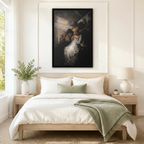 Framed Goya-style dark oil painting of skeletal figures in flowing white gown hung above a minimalist wooden bed in a serene neutral bedroom