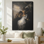 Gallery-wrapped canvas of a dramatic dark baroque painting featuring ghostly figures in flowing white dress hung above a white sofa in a cozy neutral living room