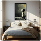 Gothic moody black and white cat on stone ledge framed canvas print above bed, atmospheric dark academia cat wall art adding dramatic depth to bright neutral bedroom