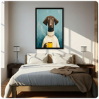 Black framed charming German Shorthaired Pointer with big round eyes wearing a cream knit turtleneck and holding a yellow steaming coffee mug funny whimsical dog portrait oil painting canvas wall art on teal blue background hung in warm diagonal sunlight above a dark wood bed with white linen bedding