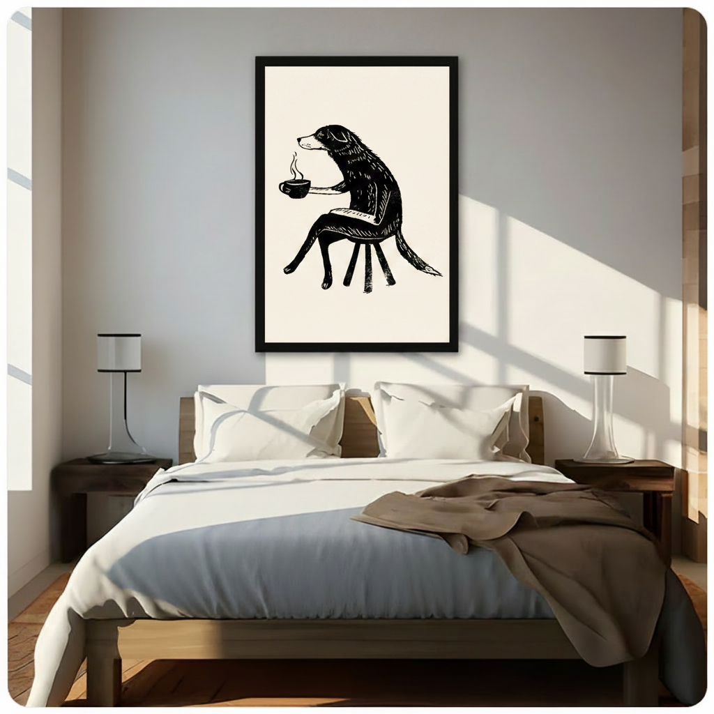 Black-framed minimalist dog drinking coffee wall art above a wooden bed in a sunlit Scandinavian-style bedroom with dual bedside lamps