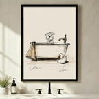 Framed sketch art print of cute dog in bathtub with rubber duck displayed above modern bathroom sink