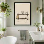 Black framed dog in bathtub sketch print in sage green bathroom with subway tile freestanding tub and hanging plants