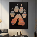 Frameless black Labrador silhouette inside dog paw print shape with orange sunset sky and flying birds double exposure oil painting on grey panel wall – black background dramatic dog canvas print for contemporary living room