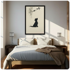 Framed minimalist wall art with a black dog silhouette gazing at birds on a willow branch, hung above a wooden bed in a sunlit bedroom