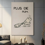 Unframed minimalist black and white line art drunk frog in tutu skirt dragging rum bottle with Plus De Rum text canvas print on dark grey tile wall in contemporary living room - funny tipsy frog rum quote wall art on soft cream background for modern interior decor