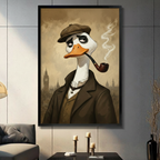 Framed duck with pipe canvas wall art in grey interior, Victorian London skyline background