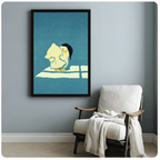 Adorable duck with black hat hugging white cat black framed wall art beside white linen accent chair with throw blanket on light blue-gray wall