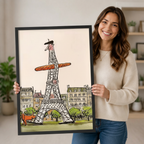 Woman holding large framed Paris wall art print featuring a whimsical Eiffel Tower man with a baguette, shown against a bright home interior