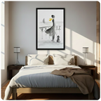 Framed watercolor wall art of a woman with dog by a coastal balcony, hung above a wooden bed in a bright sunlit bedroom
