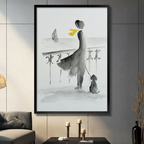 Framed watercolor wall art of an elegant woman with yellow scarf and dog by seaside balcony, displayed in a dark modern living room