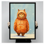 Two gloved hands holding a large black framed funny oil painting of a fat orange tabby cat wearing an oversized orange striped hooded puffer coat with cat ear hood standing in snow with a smug squinting expression whimsical cat humor canvas art print on pale blue winter background, front-facing vertical product size display