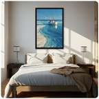 Framed white fishing boat ocean oil painting wall art hung above a wooden bed with white bedding in a bright sunlit coastal-style bedroom with twin lamps