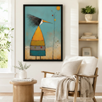 Black framed whimsical folk art abstract striped bird canvas art showing a tall quirky bird with a wild black and white feathered crest, a sharp orange beak, a cone-shaped striped body in orange, yellow-green, gray, and teal on thin black legs beside a bare branch with red and yellow dot berries and a golden sun in distressed impasto brushwork on a teal background, displayed beside a white wooden armchair with a cream fringed throw and a round wood side table with books