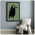 Black framed folk art style crow clutching antique gold key on muted green background beside white linen accent chair