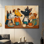 Unframed four cartoon dogs sharing coffee at table canvas print - funny vintage retro oil painting wall art with dressed anthropomorphic dogs in orange shirt plaid jacket and spiked collar holding colorful mugs on warm amber beige textured background for contemporary home decor