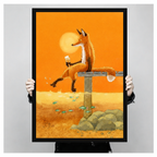 Close-up of framed poster showing fox sitting on bench holding wine glass with floating fish and orange sunset sky held by hands