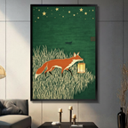 Framed fox with lantern wall art print displayed in modern living room, green night sky with gold stars