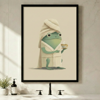 Cute frog in bathrobe holding tea cup – framed wall art print above bathroom sink