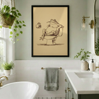 Framed funny frog on toilet sketch canvas hung in a bright green botanical bathroom with hanging plants and gold fixtures, adding playful character to a fresh modern space