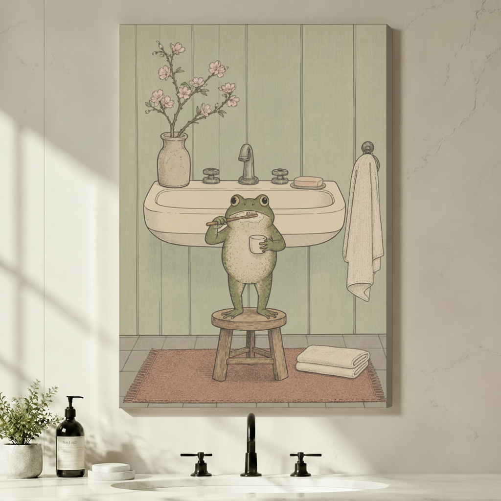 Gallery wrap stretched canvas of a chubby green frog standing on a wooden stool brushing teeth at a vintage sink with cherry blossom vase, hung frameless above a bathroom vanity with black fixtures