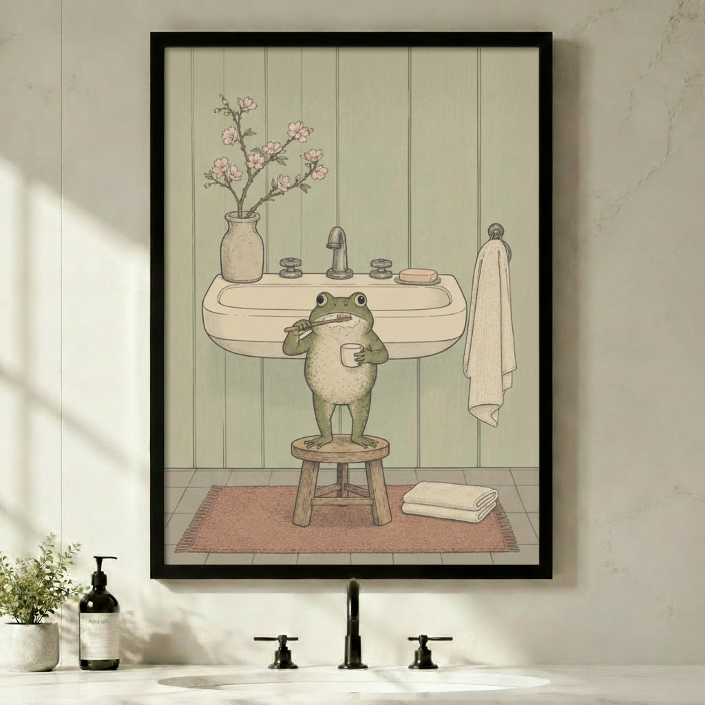 Black framed cottagecore frog brushing teeth canvas wall art with sage green shiplap background displayed above a bathroom counter with black faucets, green plants and soap dispenser