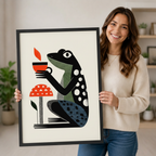 Smiling woman holding large black framed frog coffee print art in home interior, showing actual print size and vivid color detail