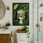 Black-framed funny frog bathroom wall art hung in a luxury bathroom with gold fixtures, marble countertop, and glass shower enclosure