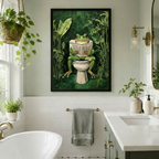 Black-framed humorous tree frog bathroom wall art above a towel rail in a classic white subway tile bathroom with dual vanity and freestanding tub