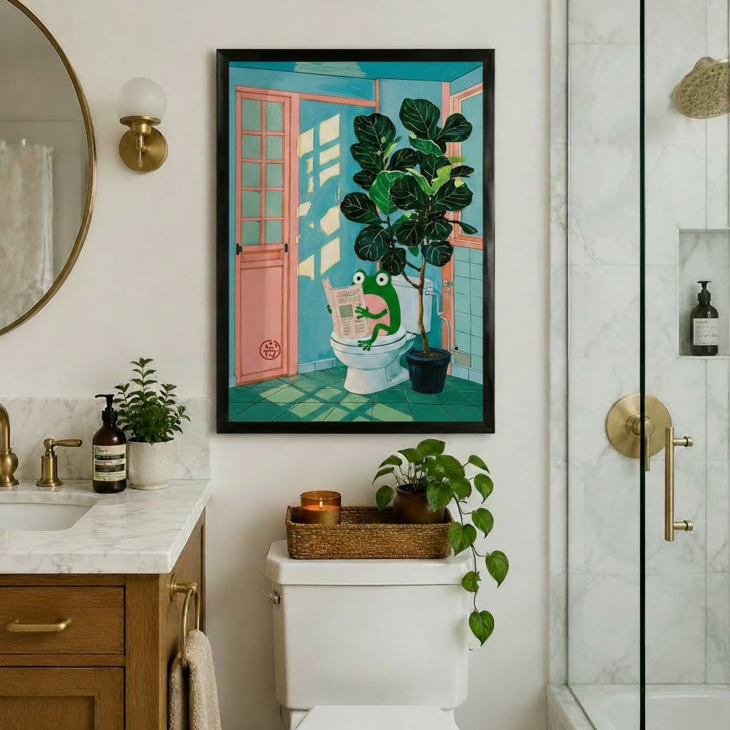 Colorful frog reading newspaper on toilet framed poster in real bathroom with gold fixtures and marble vanity, kawaii teal bathroom scene wall art with black frame above toilet