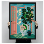 Hand-held close-up of funny frog reading newspaper on toilet black framed art print, detailed view of teal bathroom scene with fiddle leaf fig, humorous animal wall decor