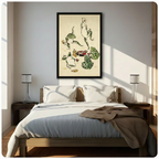 Black framed whimsical Japanese ukiyo-e frog sake banquet illustration featuring five green spotted frogs dancing drinking and feasting with yellow sake bottles red bowls and abundant food on aged cream paper background canvas wall art hung in bright diagonal sunlight above a dark wood bed with white linen bedding and matching nightstands