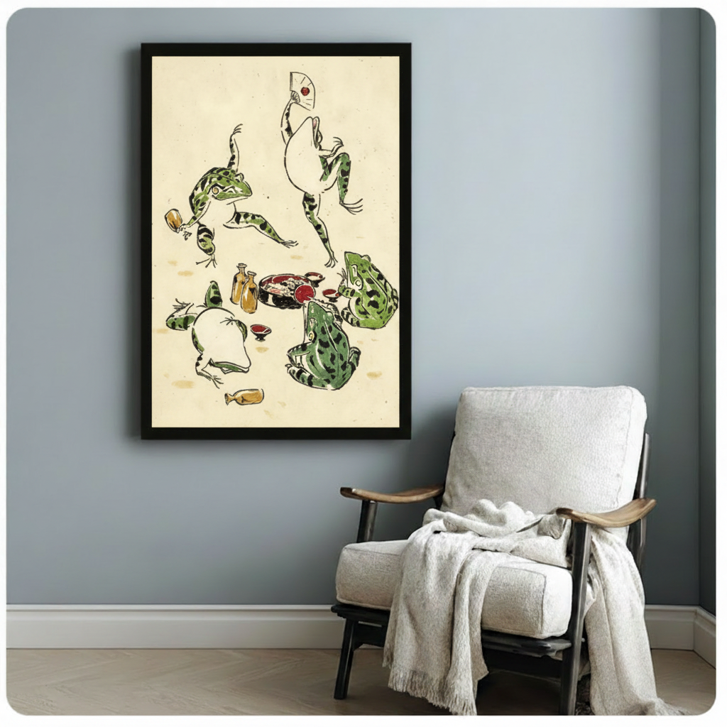 Black framed charming Japanese woodblock print style frog banquet illustration with five green spotted frogs in playful poses drinking sake dancing with a folding fan and dining around yellow bottles and red bowls on aged parchment background whimsical ukiyo-e canvas print hung on a soft blue-gray wall beside a white linen folding chair with cream throw