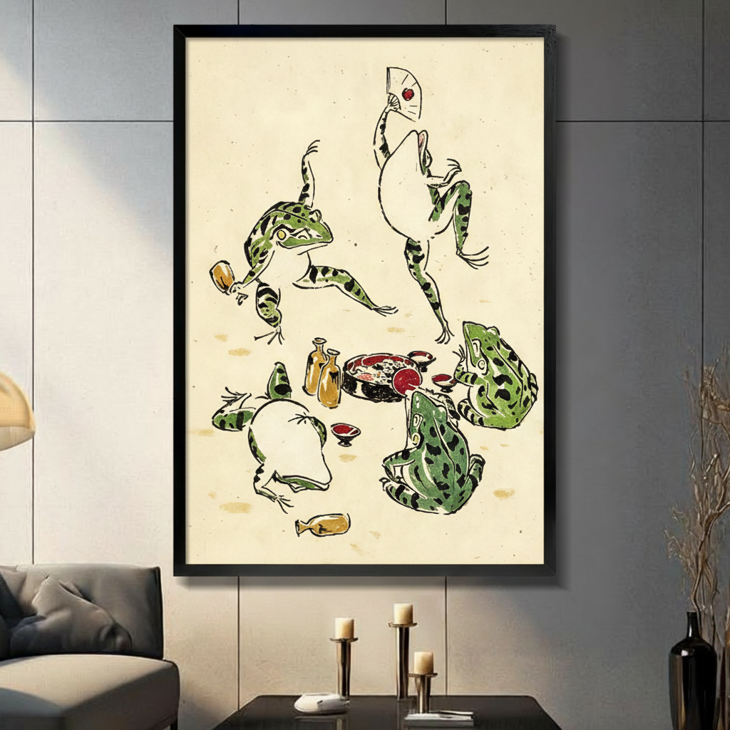 Black framed Japanese ukiyo-e style whimsical illustration of five green spotted frogs at a sake banquet one dancing with a fan one raising a cup one sprawled drunk beside yellow sake bottles red bowls and a feast on aged cream parchment background canvas wall art displayed in a modern gray living room with dark sofa and metal candlesticks