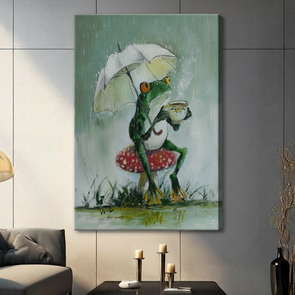 Charming frog with white umbrella sipping tea on red mushroom canvas wall art unframed, cottagecore oil painting style green frog in rain, gallery wrap print for living room decor
