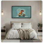 Black framed funky dachshund scooter canvas art in teal blue above a bed with white linen bedding, a taupe throw blanket, white nightstands, potted plants, and globe pendant lights in a modern bedroom