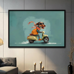 Funky dachshund riding vintage green scooter with sunglasses and pink scarf black framed canvas art in teal blue on a dark gray paneled wall above a gray sofa with pillar candle holders in a contemporary living room