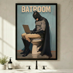 Funny Batman sitting on toilet with laptop Batroom framed canvas art on a light gray wall above a bathroom sink with black faucet, soap dispenser, and white potted plant