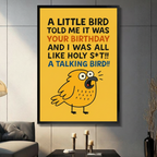 Funny birthday quote canvas wall art with talking bird illustration in black frame, displayed in modern living room with dark accent wall